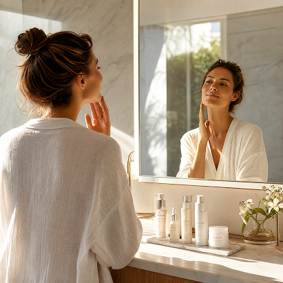 Woman in a white robe looking into a bathroom mirror